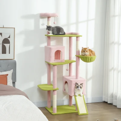 PawHut 74" Pink Flower Cat Tree with Scratching Post & Board