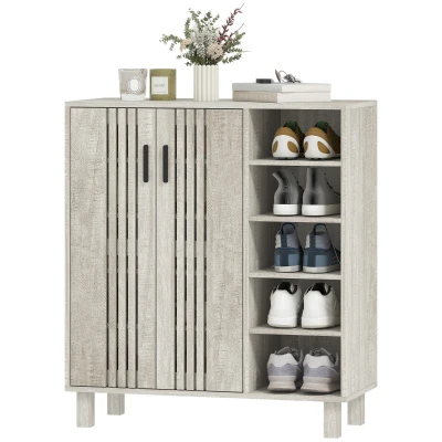 HOMCOM Shoe Storage with Double Doors and Open Shelves 17 Pair Shoe Storage Organizer for Entryway Hallway Light Grey