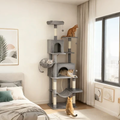 PawHut 80" Tall Cat Tree with Condos, Hammocks & Scratching Posts, Gray