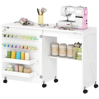 HOMCOM Sewing Machine Table on Wheels, Folding Craft Table with 2 Bins, Storage Shelf, 18 Pegs, Lockable Wheels, White