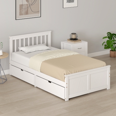 HOMCOM Pine Twin Bed Frame, Wood Storage Bed Frame with Drawers, Wood Slat Support, No Box Spring Needed, Easy Assembly, White