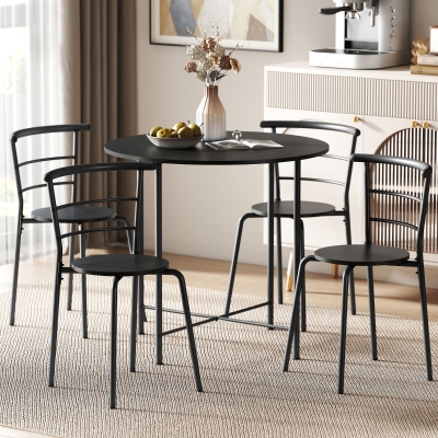 HOMCOM 5 Piece Dining Table Set, Space Saving Round Dining Set for 4 with Metal Frame for Small Spaces, Black Wood Grain