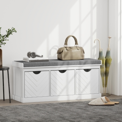 HOMCOM Shoe Storage Bench, Linen-Look Entryway Bench with 3 Removable Drawers and Padded Seat Cushion for Hallway, White