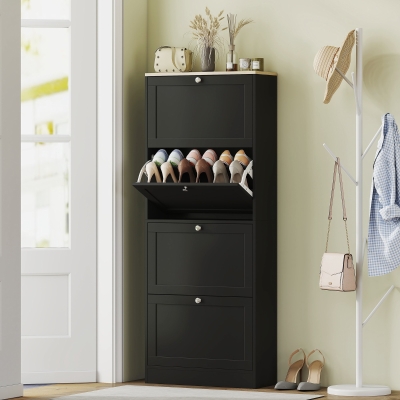 HOMCOM Modern Shoe Storage Cabinet with 4 Flip Drawers and Adjustable Shelves, Shoe Cabinet for 18-24 Pairs of Shoes, Black