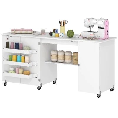 HOMCOM Sewing Machine Table with Drop Leaf, Folding Craft Table with 2 Doors and Adjustable Shelf for Small Spaces, White