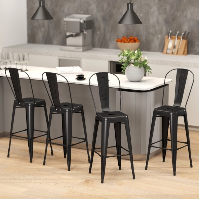 HOMCOM 24" Set of 4 Bar Stools Kitchen Industrial Breakfast Bistro Cafe Metal Frame Black