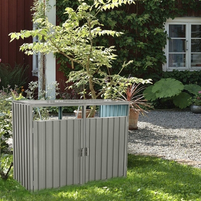 Metal Garbage Bin Shed with Convenient Lid and Springs, Galvanized Steel Outdoor Storage for 2 Trash Cans, 63'' L x 31.5'' W x 48'' H, Grey