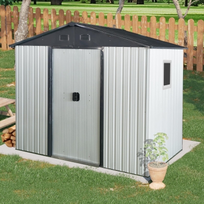 8 x 4 ft Outdoor Metal Storage Shed with Window, Lockable Door, Outbuilding for Garden Hobbyists, 93" L x 52" W x 75" H, White+Black