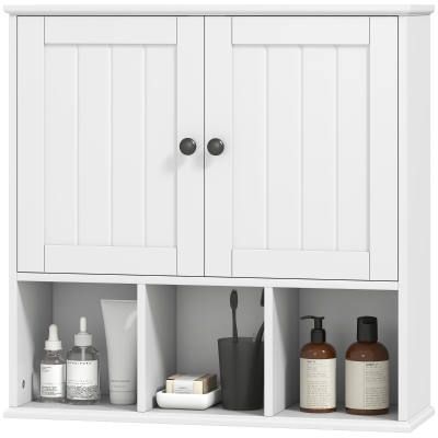 HOMCOM Farmhouse Bathroom Wall Cabinet, Wall Mounted Medicine Cabinet with Adjustable Shelf, Open Compartments, White