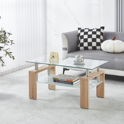 Tempered Glass Coffee Table with Geometric Design, Metal Tubular Legs, Durable Centre Desk for Living Room, 35" L x 19" W x 16.5" H, Natural
