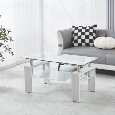 Tempered Glass Coffee Table with Geometric Design, Metal Tubular Legs, Durable Centre Desk for Living Room, 35" L x 19" W x 16.5" H, White