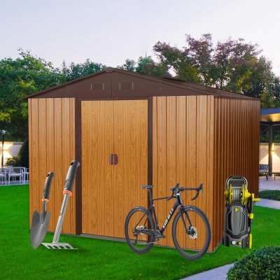 8 x 10 ft Outdoor Metal Storage Shed with Metal Foundation, Sliding Doors, Outbuilding for Garden Hobbyists, 89" L x 114.5" W x 75" H, Coffee