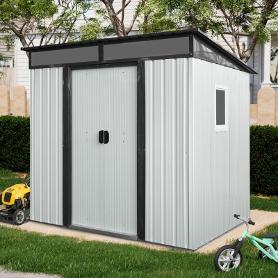 6 x 5 ft Outdoor Metal Storage Shed with Transparent Plate, Galvanized Steel Storage Hut for All-Weather Use, 77'' L x 59.5'' W x 71'' H, White+Black