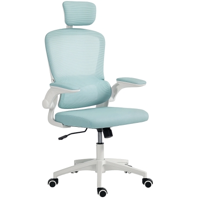 HOMCOM Ergonomic Mesh Office Chair, High Back Desk Chair with Rotatable Headrest, Flip-Up Armrests, Lumbar Support, Light Green