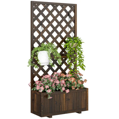 Outsunny 2.4 x 1 x 4.9 ft Garden Wooden Pine Trough Planter with Topped Trellis Climbing Plants Flower Raised Bed, Carbonized