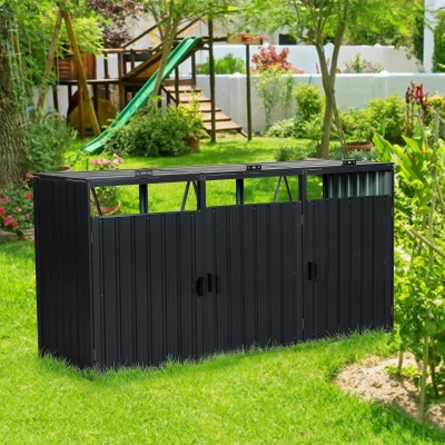 Metal Garbage Bin Shed with Ventilated and Lockable Design, Trash Can Shed Ideal for Outdoor Storage, 94.5'' L x 31.5'' W x 48'' H, Black