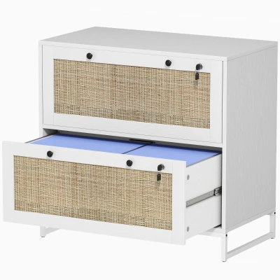 Vinsetto 2-Drawer Filing Cabinet with Lock, Rattan File Cabinet with Adjustable Hanging Bar, White
