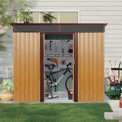 8 x 6 ft Outdoor Metal Storage Shed with Galvanized Steel Panels and Sliding Doors, Outbuilding for Backyard, 94" L x 68.5" W x 77" H, Coffee