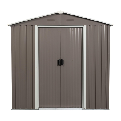 Outdoor Metal Storage Shed with Sliding Doors, Punched Vents, Galvanized Iron Frame, Outbuilding for Backyard, 72.5" L x 47" W x 72.5" H, Grey
