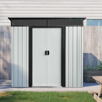 Outdoor Metal Storage Shed with Lockable Sliding Doors, Transparent Panels, Outbuilding for Backyard, 77" L x 59.5" W x 71" H, White+Black