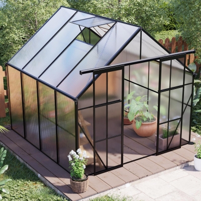 8 x 8 ft Double Door Polycarbonate Greenhouse with Galvanized Base, Walk-in Hothouse for Backyard, 94.5" L x 98" W x 89.5" H, Black