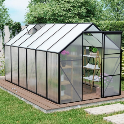 Polycarbonate Walk-in Greenhouse with Sliding Door and Adjustable Roof, Heavy Duty Aluminum Hothouse for Plant, 75" L x 146" W x 77" H, Black
