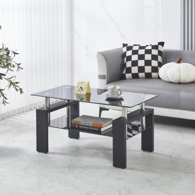 Tempered Glass Coffee Table with Geometric Design, Metal Tubular Legs, Durable Centre Desk for Living Room, 35" L x 19" W x 16.5" H, Black