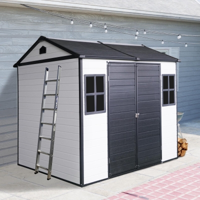 Resin Outdoor Storage Shed with Floor, Lockable Door and Windows, Outbuilding for Garden Hobbyists, 96'' L x 75'' W x 85'' H, Grey+White