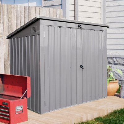 Metal Garbage Bin Shed with Sloped Roof and Lockable Door, Trash Can Shed Perfect for Outdoor Storage, 62'' L x 40'' W x 52.5'' H, Gray