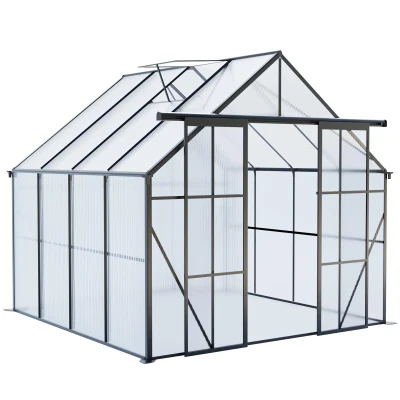 8 x 8 ft Double Door Polycarbonate Greenhouse with Galvanized Base, Walk-in Hothouse for Backyard, 94.5" L x 98" W x 89.5" H, Black