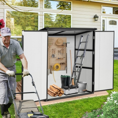 5 x 3 ft UV-Resistant Outdoor Storage Shed with Lockable Doors, Waterproof Resin Cabinet for Backyard, 57" L x 37.5" W x 64" H, Beige+Black