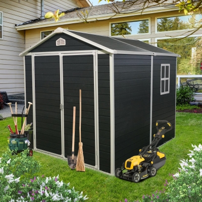 Resin Outdoor Storage Shed Kit with Pad-Lockable Double Doors, Storage Hut with Heavy-Duty Construction, 75'' L x 95.5'' W x 82.5'' H, Black