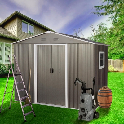 Outdoor Metal Storage Shed with Robust Construction and Sliding Doors, Outbuilding for Garden Hobbyists, 93'' L x 68.5'' W x 75'' H, Grey