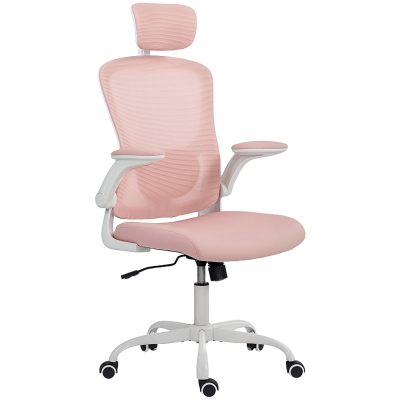 HOMCOM Ergonomic Office Chair, Mesh Desk Chair with Adjustable Headrest, Lumbar Support and Height, Flip-Up Armrests, Pink