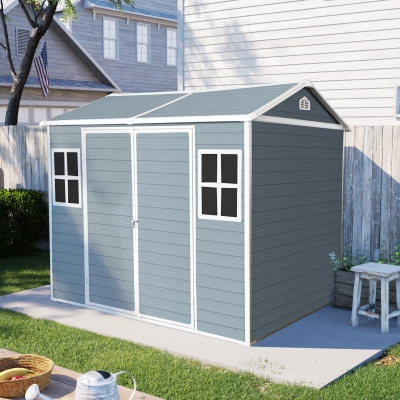 Resin Outdoor Storage Shed with Floor, Lockable Door and Windows, Waterproof Outbuilding for Backyard, 96" L x 75" W x 85" H, Grey
