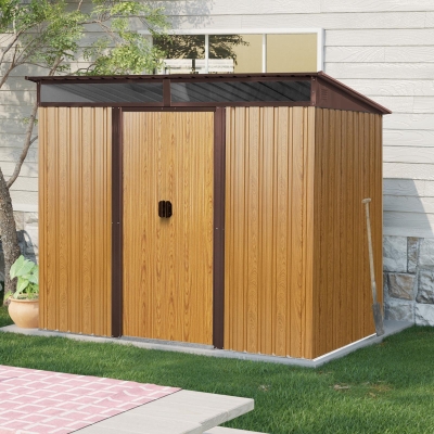 8 x 6 ft Outdoor Metal Storage Shed with Galvanized Steel Panels and Sliding Doors, Outbuilding for Backyard, 94" L x 68.5" W x 77" H, Coffee
