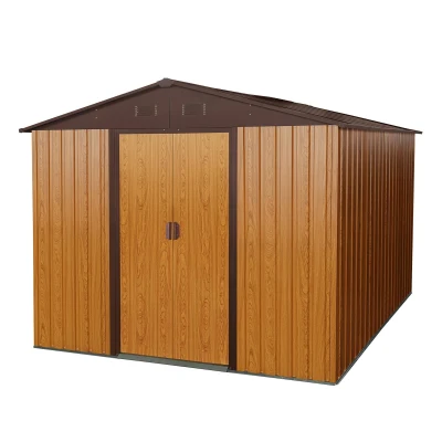 8 x 10 ft Outdoor Metal Storage Shed with Metal Foundation, Sliding Doors, Outbuilding for Garden Hobbyists, 89" L x 114.5" W x 75" H, Coffee