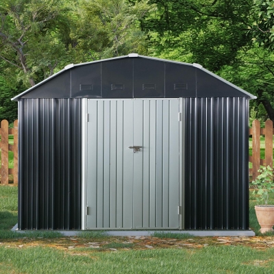 10 x 12 ft Outdoor Metal Storage Shed with Arch Roof and Lockable Double Doors, Outbuilding for Backyard, 118" L x 141" W x 87" H, Black