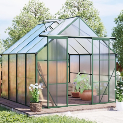 8 x 8 ft Double Door Polycarbonate Greenhouse with Raised Base, Anchor, Heavy Duty Hothouse for Backyard, 94.5" L x 98" W x 89.5" H, Green