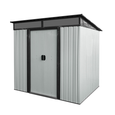 Outdoor Metal Storage Shed with Lockable Sliding Doors, Transparent Panels, Outbuilding for Backyard, 77" L x 59.5" W x 71" H, White+Black