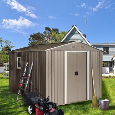 Outdoor Metal Storage Shed with Window and Sliding Doors, Storage Hut with Galvanized Steel Construction, 93'' L x 114.5'' W x 75'' H, Grey