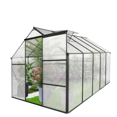 Polycarbonate Walk-in Greenhouse with Galvanized Base and Sliding Door, Heavy Duty Aluminum Hothouse for Plant, 75" L x 122.5" W x 77" H, Black