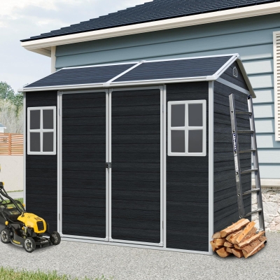 Resin Outdoor Storage Shed with Floor, Lockable Door and Windows, Outbuilding for Garden Hobbyists, 96'' L x 75'' W x 85'' H, Black