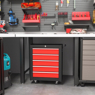 HOMCOM 5 Drawer Roller Tool Chest, Lockable Toolbox, Storage Organizer with Handle for Workshop Mechanics Garage, Black and Red