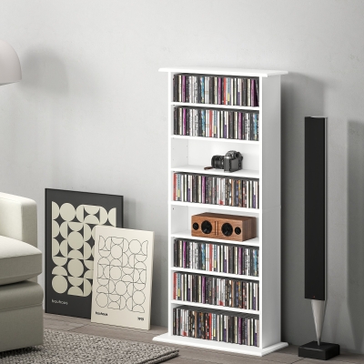 HOMCOM 8-Tier DVD Shelf with 6 Adjustable Shelves, Slim CD Shelf, Holds 360 CDs, 185 DVDs or 185 Blu-rays, White