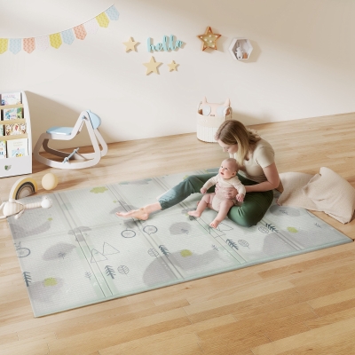 Qaba Foldable Baby Plat Mat, 77" x 58" Kids Floor Mat for Crawling and Learning, Track & Elephant Theme