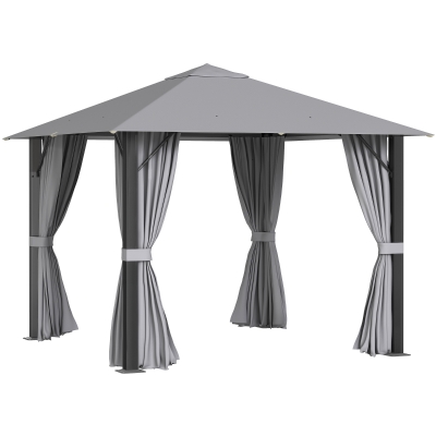 Outsunny 10' x 10' Patio Gazebo Outdoor Aluminum Frame Canopy Shelter with Curtains, Vented Roof for Garden, Lawn, Backyard and Deck, Grey