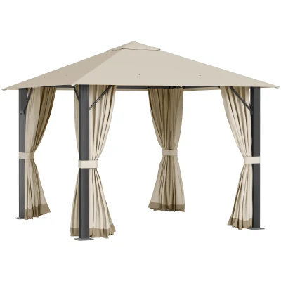 Outsunny 10' x 10' Patio Gazebo Outdoor Aluminum Frame Canopy Shelter with Curtains, Vented Roof for Garden, Lawn, Backyard and Deck, Khaki