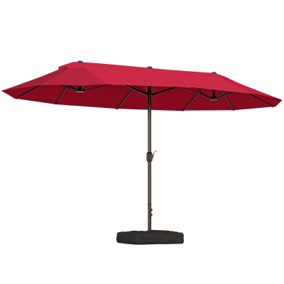 Outsunny 15' Outdoor Patio Umbrella with Twin Canopy Sunshade Steel Table Umbrella with Lift Crank, Cross base, Sandbag, Wine Red
