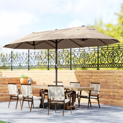 Outsunny 15' Outdoor Patio Umbrella with Twin Canopy Sunshade Steel Table Umbrella w/ Lift Crank, Cross base, Sandbag, Brown